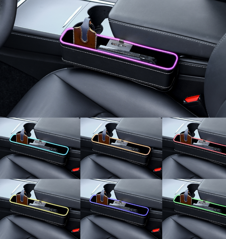Car Crevice Storage Organizer Box Car USB Charging Color Light Seat Gap Storage Box LED Auto Interior Stowing Tidying