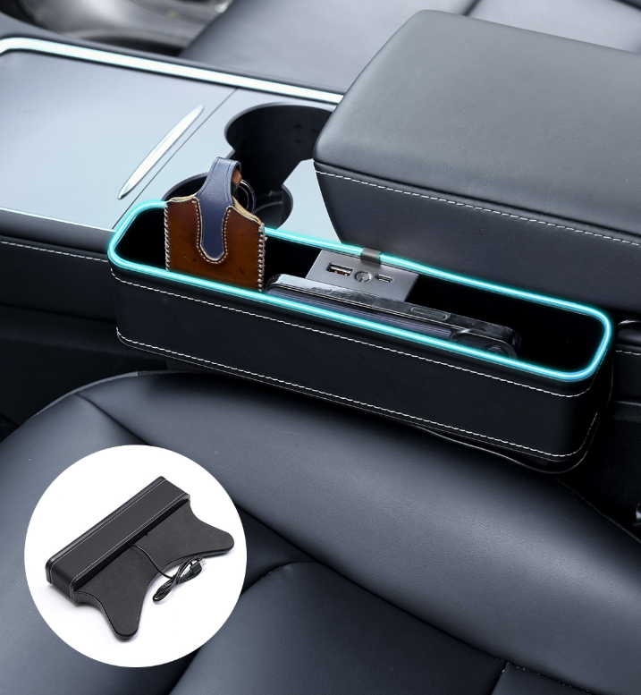 Car Crevice Storage Organizer Box Car USB Charging Color Light Seat Gap Storage Box LED Auto Interior Stowing Tidying