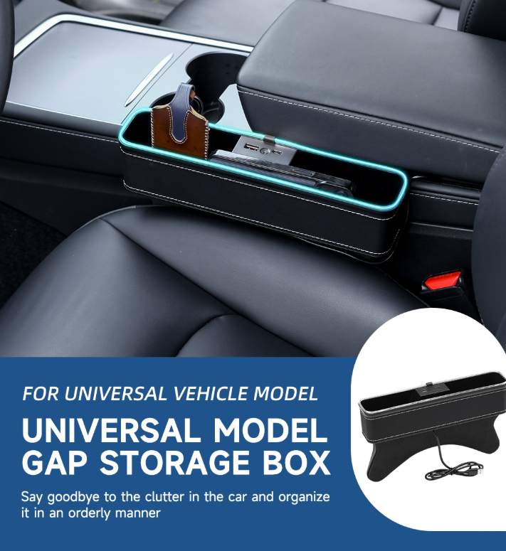 Car Crevice Storage Organizer Box Car USB Charging Color Light Seat Gap Storage Box LED Auto Interior Stowing Tidying